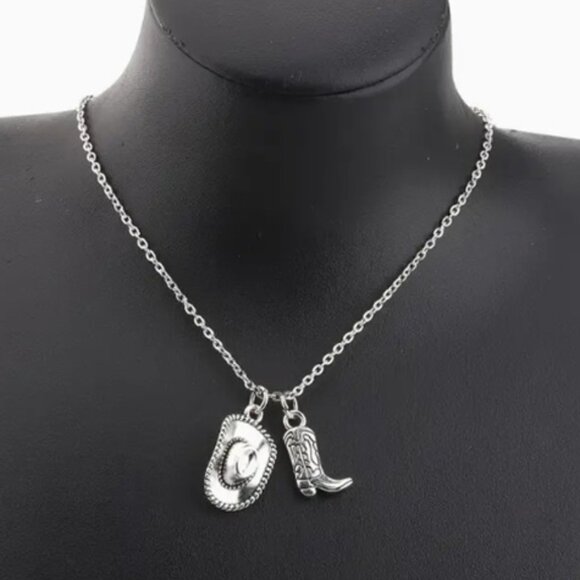 Silver Electro-Plated Cowboy Hat & Boots Pendant Necklace - Picture 2 of 4